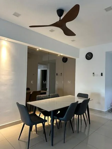 Dining features: 6-seater dining table, black dining chairs, ceiling fan with wooden blades, white painted walls, tile flooring, recessed lighting, mirror wall, wall clock; style: modern.
