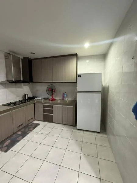 Kitchen features: white tiled flooring, light brown cabinetry, stainless-steel sink, 4-burner gas hob, built-in oven, white fridge, exhaust hood, countertop with backsplash, wall-mounted fan; style: modern.
