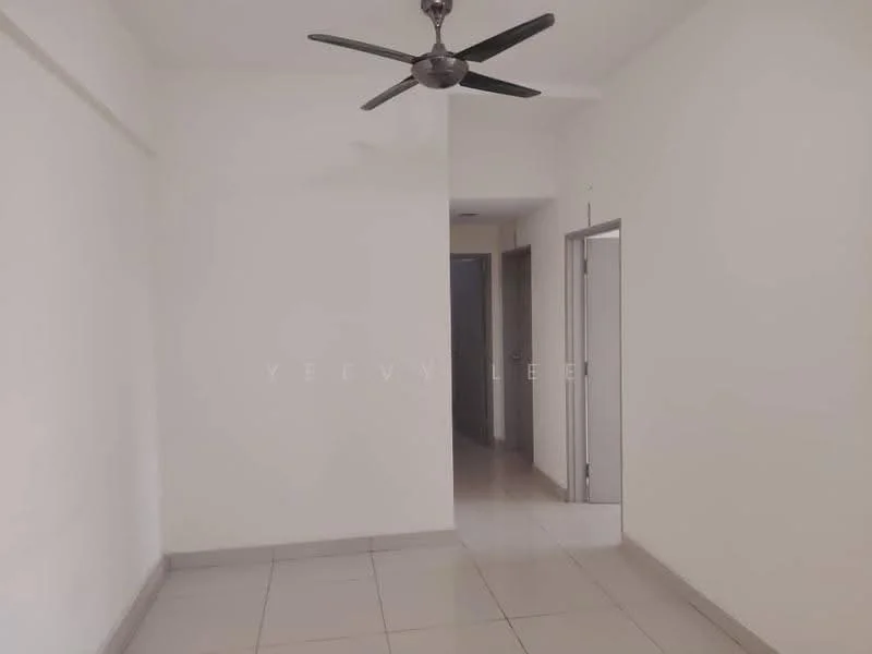 Room features: white painted walls, floor-to-ceiling windows, ceiling fan, tile flooring, doorway leading to another room, neutral color scheme; style: modern.