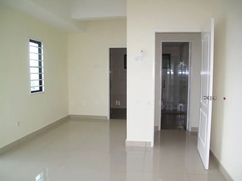 Room features: cream painted walls, glossy ceramic tile flooring, white door, window with horizontal bars, recessed ceiling, light switch, door frame, neutral color scheme; style: modern.