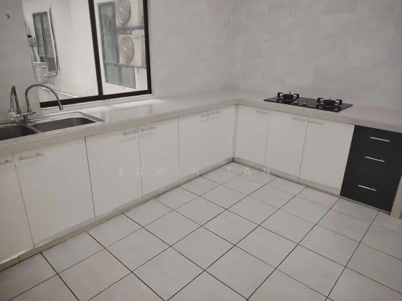 Kitchen features: double-bowl stainless-steel sink, chrome pull-down faucet, granite countertop, white shaker cabinets, black flat-panel cabinets, built-in gas hob, white tiled backsplash, white tiled flooring, floor-to-ceiling windows, visible air conditioning units; style: modern.