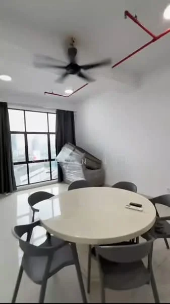 Dining features: round dining table, 6 dining chairs, 5-blade ceiling fan, floor-to-ceiling windows, grey curtains, white painted walls, polished tile flooring, decorative ceiling light; style: modern; view: city.