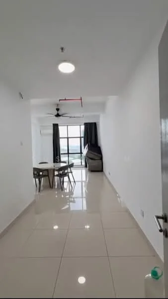Room features: white painted walls, glossy ceramic tile flooring, recessed downlights, 5-blade ceiling fan, floor-to-ceiling windows, sliding glass door, curtains, dining table for four, sofa, open layout; style: modern; view: city.