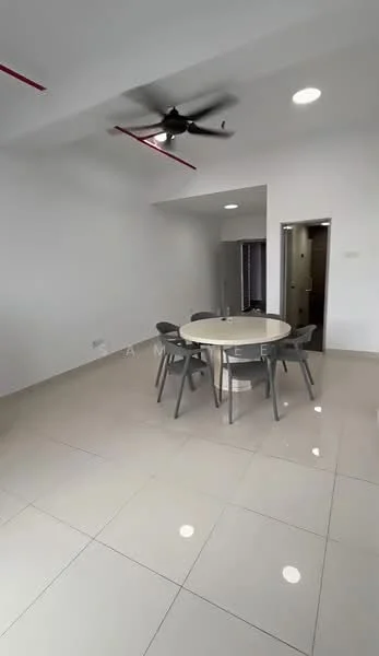 Dining features: round dining table, 4 grey dining chairs, white painted walls, polished ceramic tile flooring, 5-blade ceiling fan with light, recessed downlights, doorway leading to hallway, doorway leading to kitchen; style: modern.