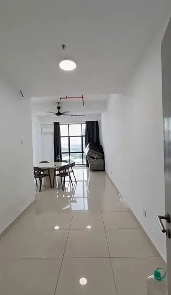 Living features: white painted walls, glossy ceramic tile flooring, 5-blade ceiling fan with light, floor-to-ceiling windows, curtains, dining table with chairs, sofa, open layout, natural light, view of the outside; style: modern; view: city.