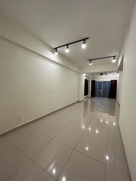 Room features: white painted walls, glossy ceramic tile flooring, recessed LED downlights, 2-blade ceiling fan, large windows with blinds, neutral color scheme, open layout, high ceiling; style: modern.