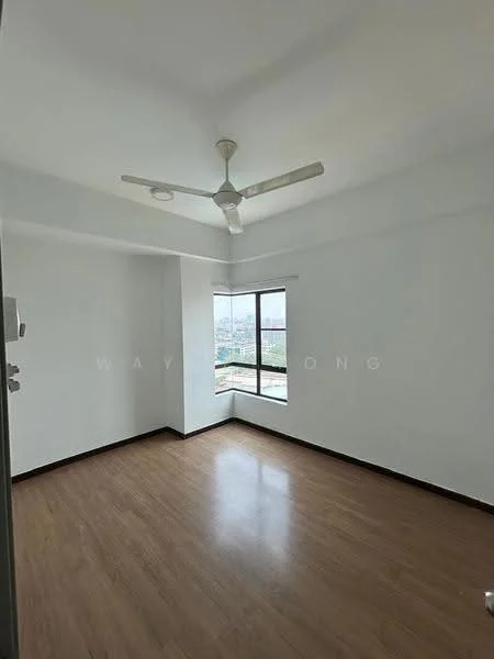 Room features: white painted walls, laminate flooring, ceiling fan, floor-to-ceiling window, city view, no visible furniture, natural light, neutral color scheme; style: modern; view: city.
