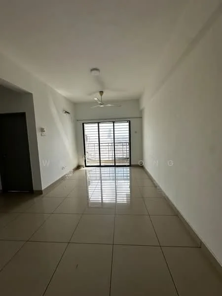 Living features: white painted walls, glossy ceramic tile flooring, 5-blade ceiling fan, floor-to-ceiling sliding glass door, natural light from sliding door, neutral color scheme, no visible furniture, open layout; style: modern.