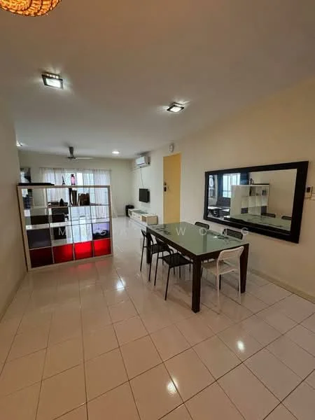 Living features: white painted walls, glossy white tile flooring, recessed LED downlights, 5-blade ceiling fan, large mirror on wall, dining table with four chairs, TV console, wall-mounted TV, open shelving unit with colored backlighting, curtains, decorative light fixture; style: modern.