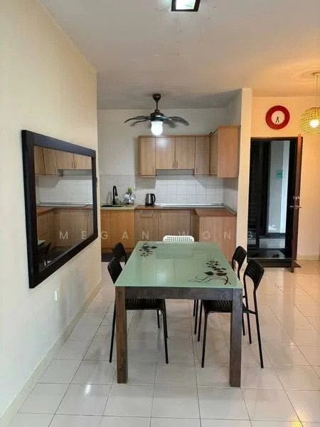 Dining features: glass dining table with floral design, 4 black dining chairs, white tiled flooring, wall-mounted mirror, 5-blade ceiling fan with light, wooden cabinetry, black countertop, kettle, sink, stainless-steel faucet, white backsplash, recessed ceiling lights; style: modern. Kitchen features: wooden cabinetry, black countertop, white backsplash, stainless-steel sink, stainless-steel faucet, kettle; style: modern.