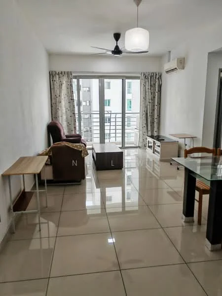 Living features: white painted walls, glossy ceramic tile flooring, 5-blade ceiling fan with light, large sliding glass door, floor-to-ceiling windows, curtains with floral pattern, sofa in maroon fabric, wooden coffee table, glass-top dining table, wooden dining chair, wall-mounted air conditioning unit; style: modern.