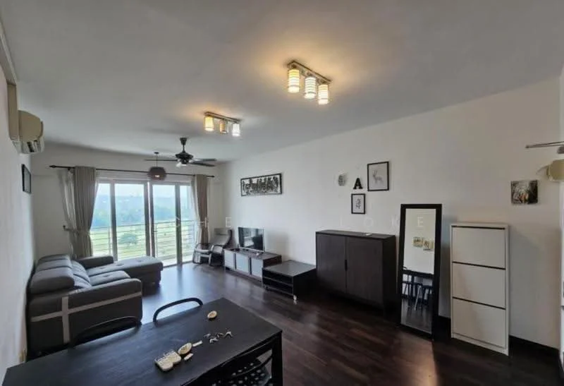 Living features: 3-seater fabric sofa in grey, coffee table, TV console, wall-mounted TV, area rug, ceiling fan, recessed LED downlights, floor-to-ceiling sliding glass door, curtains, wooden flooring, decorative wall art, mirror, built-in cabinets; style: modern; view: garden.