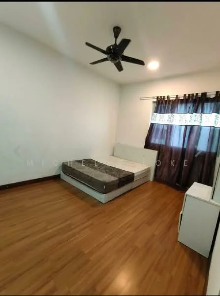 Bedroom features: wooden flooring, white painted walls, ceiling fan, window with dark curtains, single bed frame, mattress, nightstand, built-in wardrobe; style: modern.