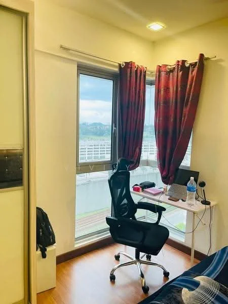 Room features: large window with city view, red curtains, wooden flooring, desk with chair, black office chair, water bottle on desk, wall-mounted light fixture, neutral painted walls; style: modern; view: city.