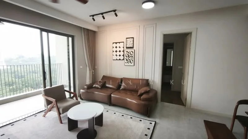 Living features: 3-seater brown leather sofa, round white coffee table, floor-to-ceiling windows, sliding glass door, curtains, wall-mounted artwork, light grey walls, recessed downlights, ceiling fan, neutral-colored area rug; style: modern; view: garden.