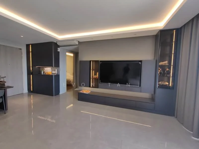 Living features: polished ceramic tile flooring, grey feature wall, built-in TV console, wall-mounted TV, recessed LED downlights, cove lighting, floor-to-ceiling windows, sheer curtains, open-plan layout, decorative shelving, neutral color palette, modern design; style: modern.