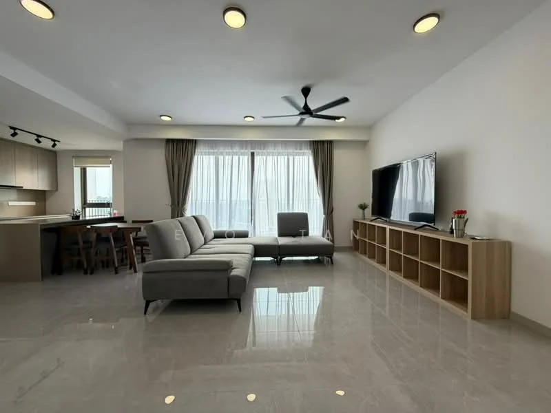 Living features: grey fabric sectional sofa, coffee table, wall-mounted TV, TV console with open shelving, marble tile flooring, recessed downlights, 5-blade ceiling fan, floor-to-ceiling windows with sheer curtains, decorative plants, dining area visible in background; style: modern; view: city.