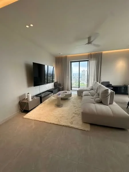 Living features: 3-seater fabric sofa in light grey, coffee table, TV console, wall-mounted TV, area rug with plush texture, floor-to-ceiling windows, sheer curtains, recessed downlights, ceiling fan, decorative wall paneling, light-colored walls, neutral tile flooring; style: modern; view: city.