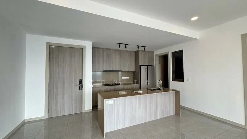 Kitchen features: light wood cabinetry, grey countertop, stainless-steel sink, chrome pull-down faucet, built-in refrigerator, built-in oven, ceramic tile flooring, recessed downlights, open layout, wall with door, neutral painted walls; style: modern.