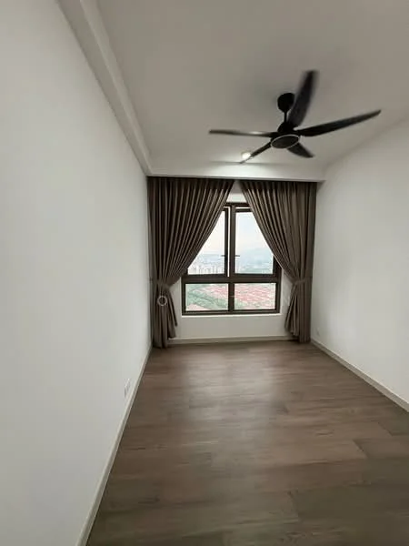 Room features: white painted walls, wooden flooring, 5-blade ceiling fan, floor-to-ceiling window, brown curtains, city view; style: modern; view: city.