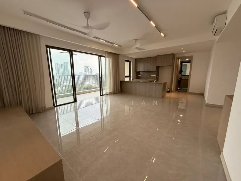 Living features: large floor-to-ceiling windows, sliding glass door, cream painted walls, polished ceramic tile flooring, 5-blade ceiling fan with light, recessed LED downlights, neutral color palette, open layout to kitchen, curtains, wall-mounted air conditioning unit; style: modern; view: city. Kitchen features: kitchen island, wood cabinetry, stainless-steel sink, chrome pull-down faucet, built-in oven, freestanding range oven, microwave, ceramic tile backsplash, recessed lighting; style: modern; view: city.