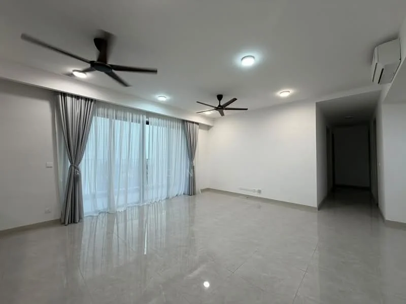Living features: white painted walls, polished ceramic tile flooring, 2 ceiling fans, recessed downlights, floor-to-ceiling windows with sheer curtains, sliding glass door, curtains, air conditioning unit; style: modern.