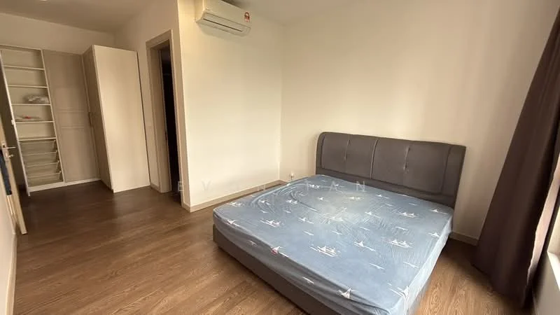 Bedroom features: queen-size bed with grey upholstered headboard, wooden flooring, white painted walls, floor-to-ceiling window with sheer curtains, built-in wardrobe with sliding doors, air conditioning unit on wall, decorative wall with minimal decor; style: modern.