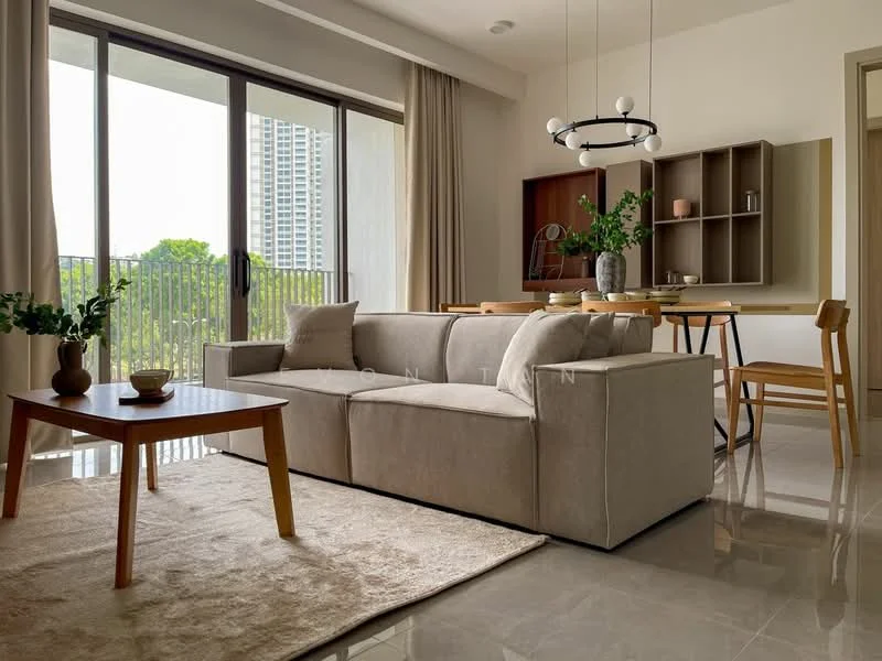 Living features: 3-seater fabric sofa in beige, wooden coffee table, area rug with neutral color, floor-to-ceiling windows, curtains, dining table with 4 wooden chairs, shelf unit with decorative items, light fixture with circular design, polished tile flooring, greenery view from window; style: modern; view: garden.