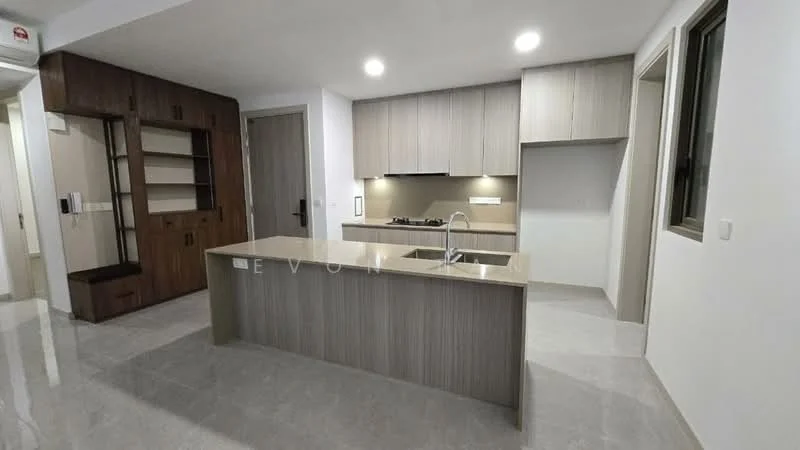 Kitchen features: island countertop with grey stone surface, single-bowl stainless-steel sink, chrome pull-down faucet, built-in stove, wood cabinetry with light finish, white walls, recessed downlights, tile flooring, open shelving, large window for natural light; style: modern.