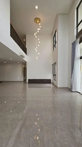 Living features: polished marble flooring, white painted walls, high ceiling, large floor-to-ceiling windows, modern chandelier with multiple bulbs, grey curtains, open space layout, minimalist design, built-in wooden bench, recessed lighting; style: modern.