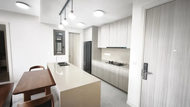 Kitchen features: island countertop with beige surface, single-bowl stainless-steel sink, chrome pull-down faucet, built-in black fridge, built-in oven, flat-panel light wood cabinetry, recessed downlights, pendant lights above island, grey tile flooring, white walls, open layout to dining area; style: modern.