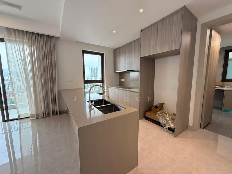 Kitchen features: island countertop, single-bowl stainless-steel sink, chrome pull-down faucet, built-in cabinetry in light wood, grey stone countertop, floor-to-ceiling windows, sliding glass door, curtains, marble tile flooring, recessed downlights; style: modern; view: city.