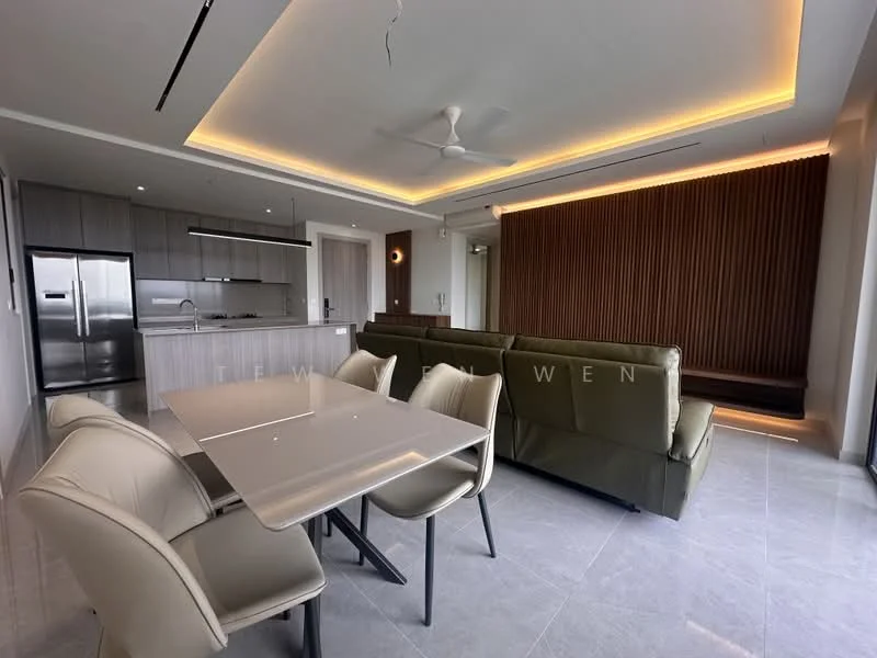 Living features: 3-seater sofa in green, dining table with 4 upholstered chairs, recessed downlights, ceiling fan, grey tile flooring, wood accent wall, open kitchen layout, stainless-steel fridge, kitchen island, pendant lighting, floor-to-ceiling windows; style: modern; view: city.