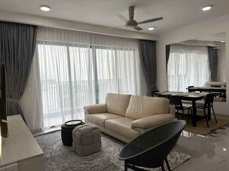 Living features: 3-seater leather sofa in cream, coffee table, area rug with geometric pattern, floor-to-ceiling windows, sheer curtains, 5-blade ceiling fan, wall-mounted TV, dining table with chairs, mirrored wall, recessed downlights, polished tile flooring; style: modern; view: city.