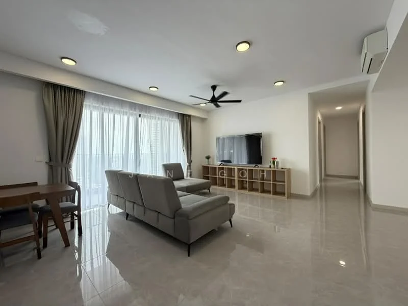 Living features: grey fabric sofa, 3-seater sofa, coffee table, TV console, wall-mounted TV, floor-to-ceiling windows, curtains, recessed downlights, ceiling fan with light, marble tile flooring, decorative wall shelf, area rug; style: modern; view: city. Dining features: wooden dining table, 4 dining chairs; style: modern.
