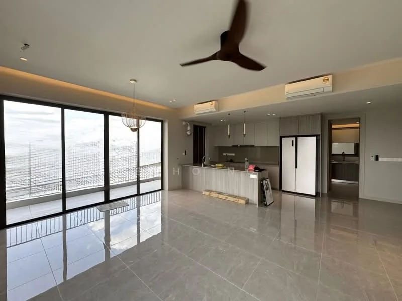 Living features: 5-blade ceiling fan with light, floor-to-ceiling windows, grey tiled flooring, open-plan layout, recessed downlights, kitchen island, stainless-steel fridge, built-in oven, freestanding range oven, grey cabinetry, countertop with backsplash, dining area, view of city skyline, sliding glass door; style: modern; view: city.