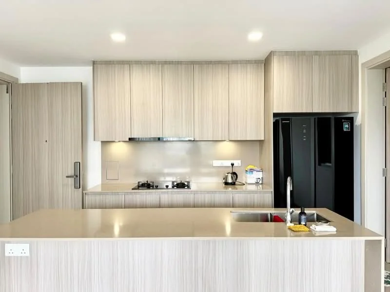 Kitchen features: light wood cabinetry, quartz countertop, stainless-steel sink, chrome pull-down faucet, built-in gas hob, built-in range hood, black refrigerator, under-cabinet lighting, neutral wall color, tile backsplash, open shelving, kitchen island; style: modern.