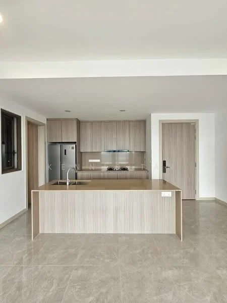 Kitchen features: island kitchen with countertop, stainless-steel sink, chrome pull-down faucet, built-in gas hob, built-in oven, stainless-steel fridge, wood cabinetry, light-colored laminate countertop, grey tile flooring, wall-mounted cabinets, window with black frame, door leading to hallway; style: modern.