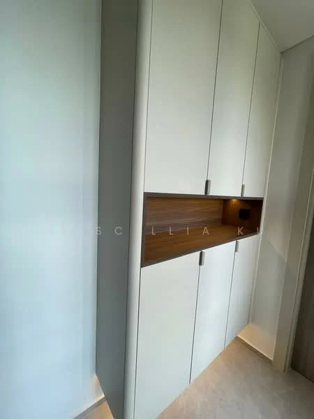 Room features: white cabinetry, wood accent panel, built-in storage, recessed lighting, smooth wall finish, light-colored flooring; style: modern.