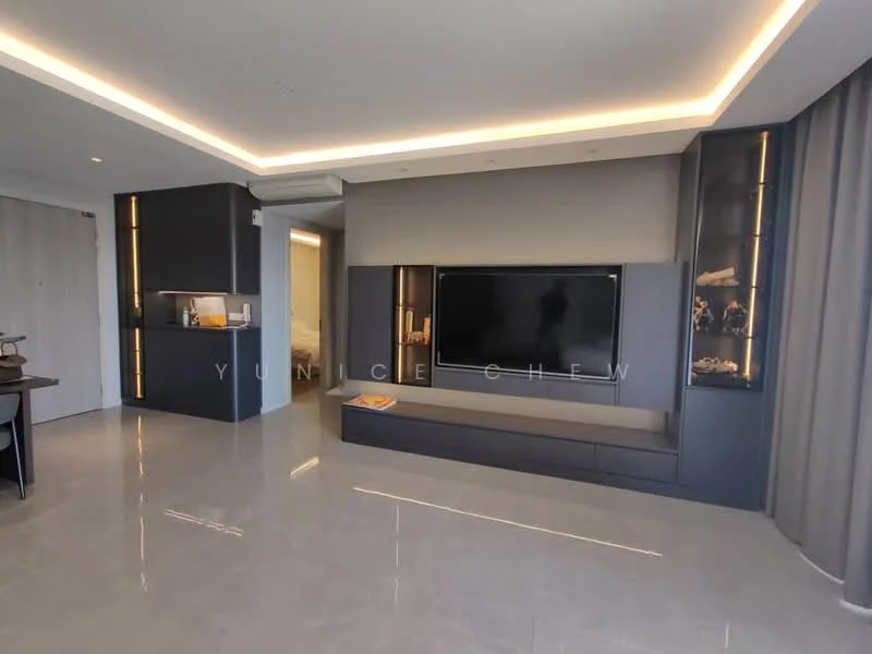 Living features: grey feature wall, built-in TV console, wall-mounted TV, recessed LED lighting, glossy tile flooring, floor-to-ceiling windows, open shelving units, neutral color palette, decorative items on shelves, seating area, dining table, curtains, modern design; style: modern.