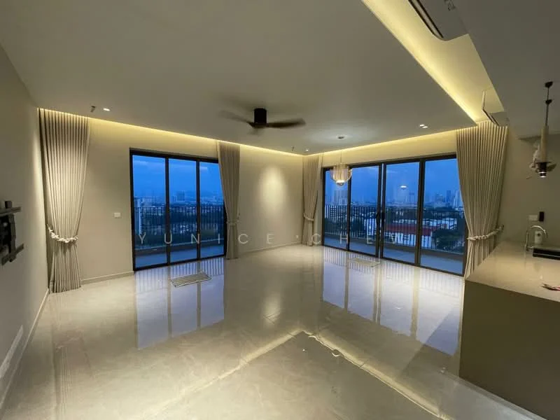 Living features: marble tile flooring, tray ceiling with recessed lighting, 5-blade ceiling fan, floor-to-ceiling windows, sheer curtains, wall-mounted TV, neutral painted walls, open layout, city view; style: modern; view: city.