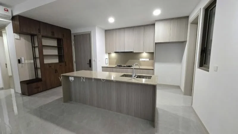 Kitchen features: island countertop with sink, stainless-steel sink, chrome pull-down faucet, laminate cabinetry in light wood finish, built-in oven, 4-burner gas hob, white walls, grey tile flooring, recessed downlights, floor-to-ceiling window, open shelving, wall-mounted cabinet, pantry space; style: modern.
