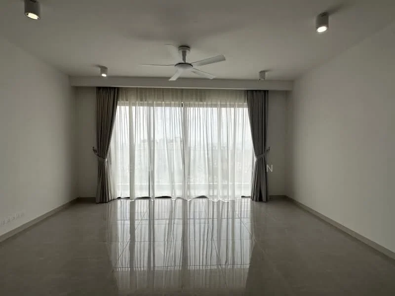 Living features: white painted walls, polished ceramic tile flooring, 5-blade ceiling fan with light, floor-to-ceiling windows, sheer curtains, curtains in grey, recessed downlights, spacious layout; style: modern; view: city.