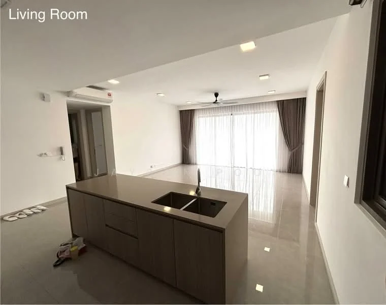 Living features: open-plan layout, large sliding glass door, floor-to-ceiling windows, white walls, recessed downlights, 5-blade ceiling fan, grey tiled flooring, kitchen island with sink, light wood cabinetry, sheer curtains, decorative wall, air conditioning unit; style: modern.
