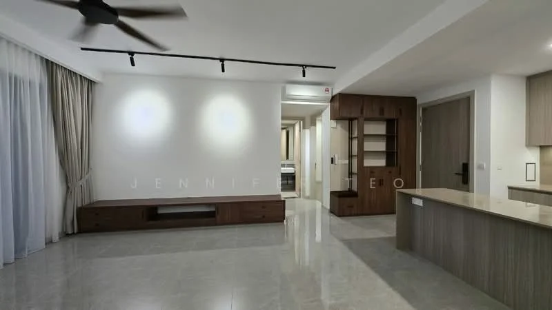 Living features: 5-blade ceiling fan, recessed LED downlights, white painted walls, grey marble tile flooring, built-in wooden TV console, open-plan layout, large windows with sheer curtains, kitchen island with cabinetry; style: modern. Room features: doorway leading to other rooms, light-colored cabinetry, neutral color palette.