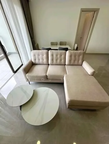 Living features: beige fabric L-shape sectional sofa, round coffee table with marble top, large floor-to-ceiling windows, grey curtains, polished marble flooring, neutral painted walls, dining area visible in background, light-colored door leading to hallway; style: modern.