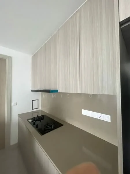 Kitchen features: light wood cabinetry, smooth grey countertop, built-in gas hob with two burners, wall-mounted cabinets, white backsplash, single-basin sink, under-cabinet lighting, minimalist design; style: modern.