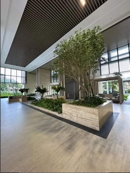 Room features: wooden flooring, high ceiling with wooden slats, large windows with vertical blinds, indoor plants, decorative planters, stone planters, modern seating area, natural light flooding in; style: modern; view: garden.