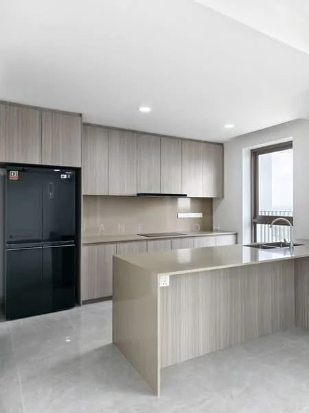 Kitchen features: black fridge, light wood cabinetry, grey countertop, white backsplash, single-bowl stainless-steel sink, chrome pull-down faucet, built-in oven, induction cooktop, recessed downlights, floor-to-ceiling windows, open layout, tile flooring; style: modern; view: city.