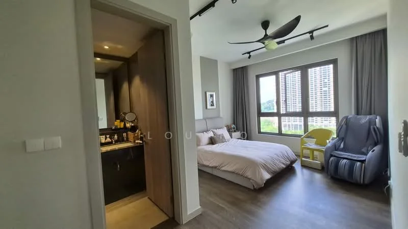 Bedroom features: queen-size bed with upholstered headboard, 2 bedside lamps, floor-to-ceiling windows, curtains, wooden flooring, ceiling fan, decorative wall art, armchair, yellow baby chair, built-in wardrobe, neutral wall color; style: modern; view: city. Bathroom features: single-sink vanity with dark wood cabinet, chrome basin mixer, framed mirror, toilet, shower area, tile cladding, neutral color scheme.